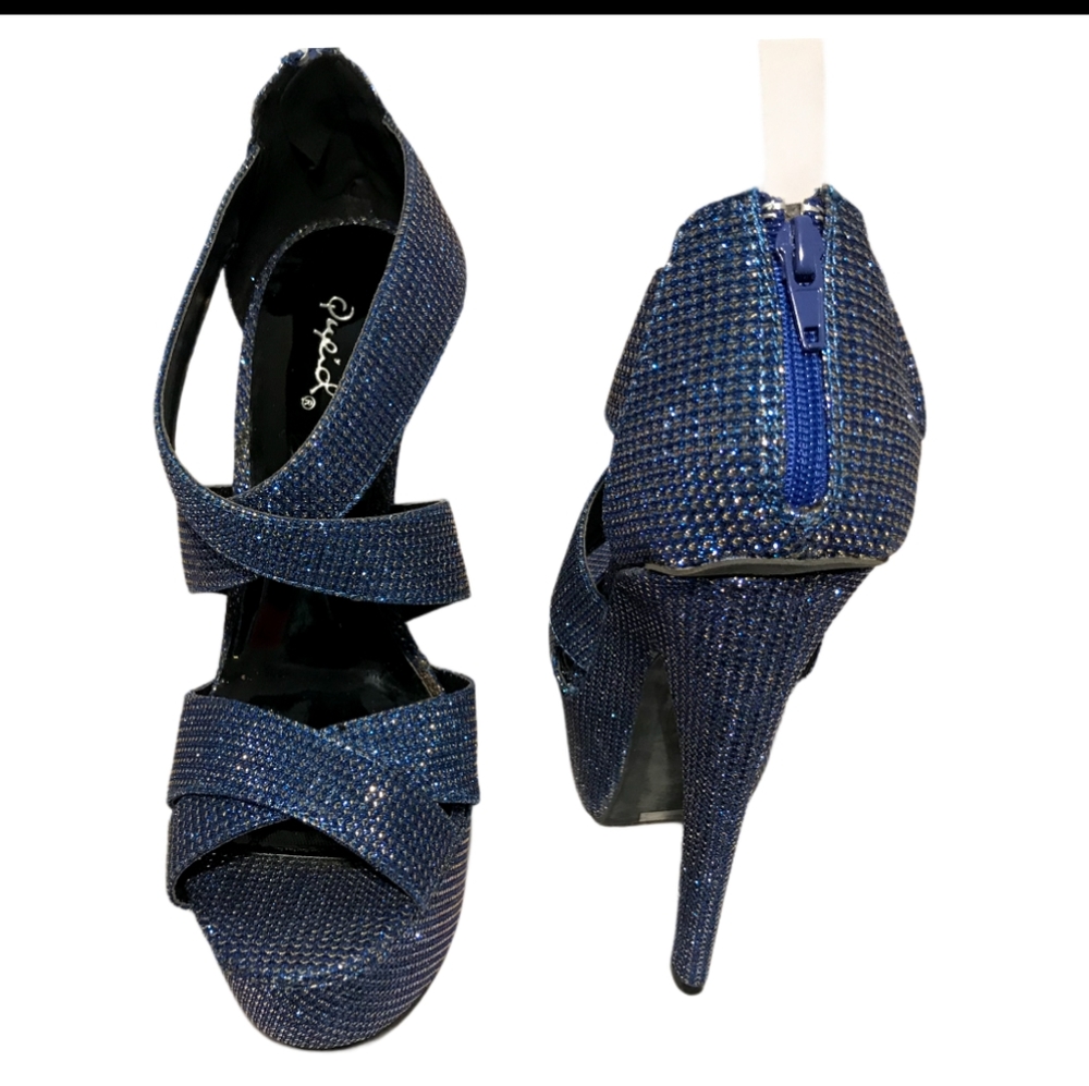 Qupid Studded Jewel Blue Sparkly Platform High Heels Shoes Size 9 - Picture 4 of 6